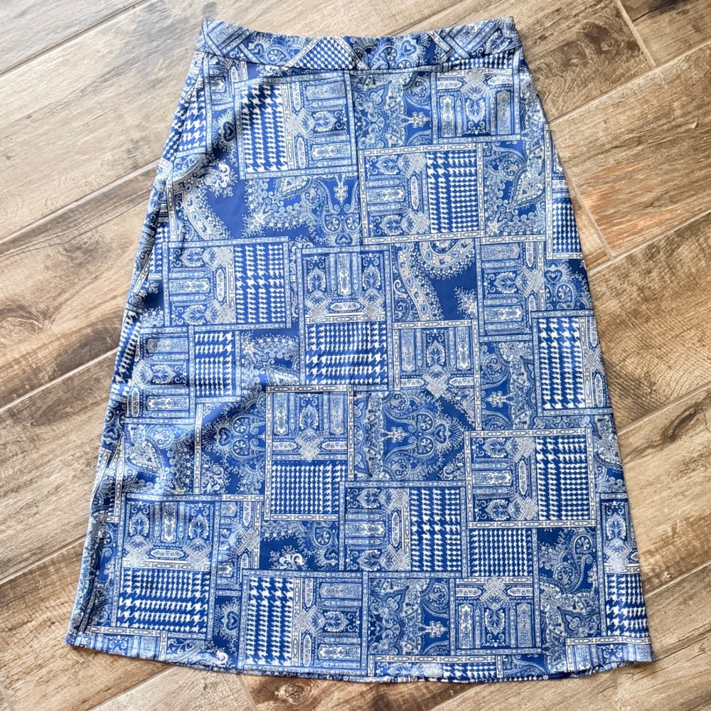 J. McLaughlin Women's Paisley Houndstooth Patchwork Midi Slip Skirt, Blue Tan,12